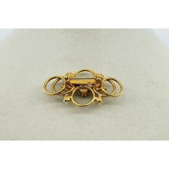 Vintage ART DECO Style Brooch Gold Tone Overlay Circle Green Stones/Faux Pearls - Picture 3 of 3